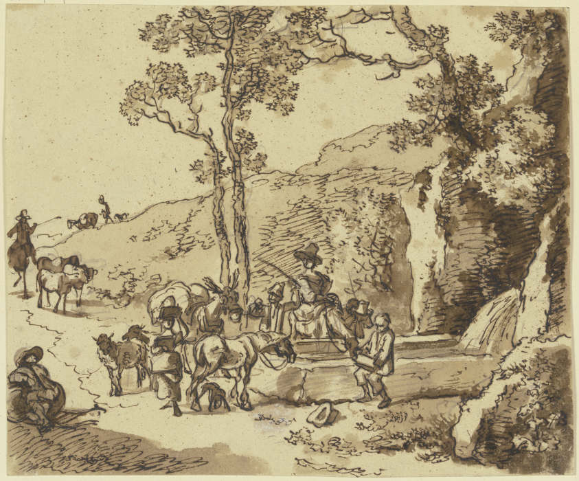 Hirtenszene an einem Brunnen, Schafe und Maulesel nähern sich der Tränke, an der eine Reiterin ihr P od Johann Christian Klengel