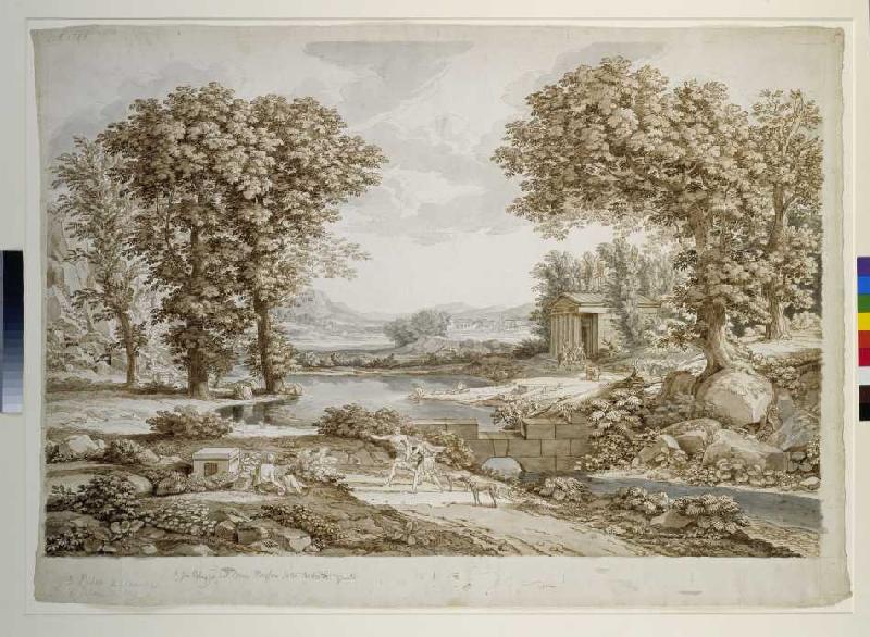 Große stilisierte Landschaft mit einem Fluß und Tempel. Vorne zwei Jünglinge mit Jagdspießen und Win od Johann Christian Reinhart