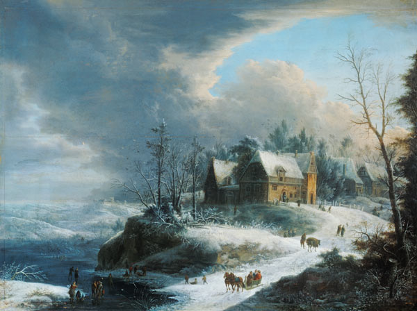 Winter landscape with a small village over a river having been cold. od Johann Christian Vollerdt