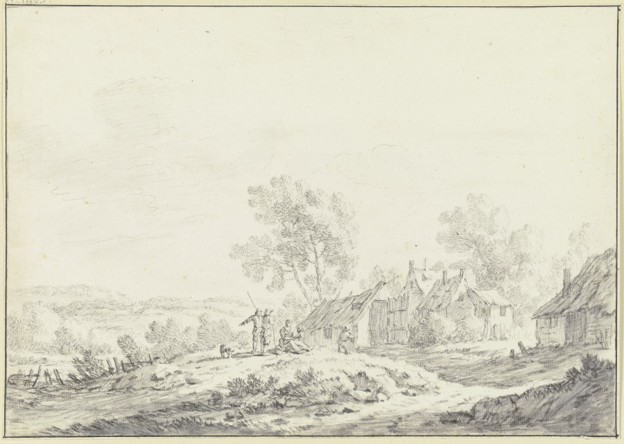 Häuser eines Dorfes in einer hügeligen Landschaft, von links führt ein Weg mit einer Gruppe von Pers od Johann Christoph Dietzsch