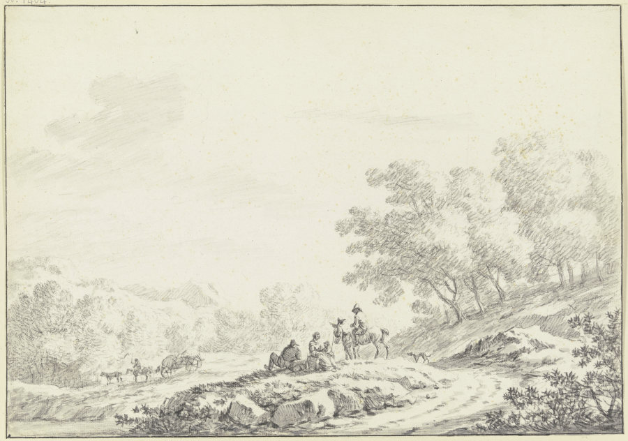 Hügelige bewaldete Landschaft, im Vordergrund neben einem Weg eine Gruppe von ruhenden Landleuten mi od Johann Christoph Dietzsch