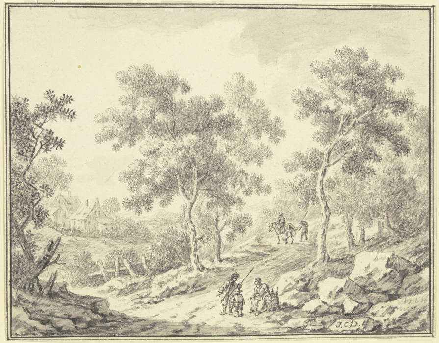 Waldweg, links Durchblick auf ein Gehöft, im Vordergrund eine sitzende Frau mit einer Kiepe und ein  od Johann Christoph Dietzsch