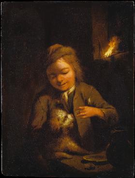 Boy Teasing a Dog: Nightscene Lit by Pinewood Torch