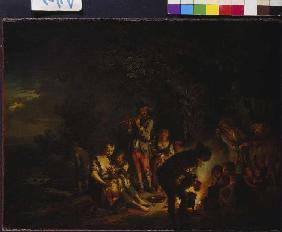 Itinerant people at the fire at night.