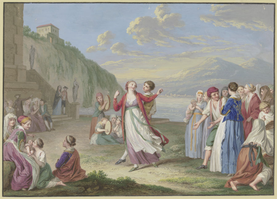 Italienische Landleute unterhalten sich am Seeufer mit Spiel und Tanz, im Hintergrund hohe Berge od Johann Friedrich August Tischbein