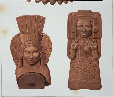 Two terracotta figures of women from Palenque, plate from 'Ancient Monuments of Mexico', engraved by od Johann Friedrich Maximilian von Waldeck