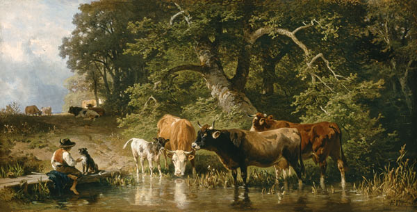 Guardian boy with cows at the watering-place od Johann Friedrich Voltz
