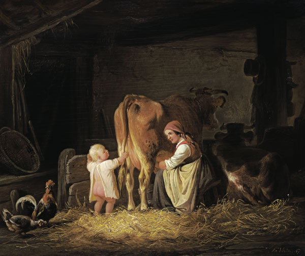 Young farmer with child when milking od Johann Friedrich Voltz