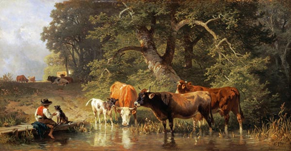 Cattle watering at a woodland pond od Johann Friedrich Voltz