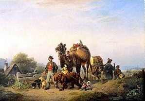 Itinerant people with camel, Äffchen and dancing bear od Johann Friedrich Voltz