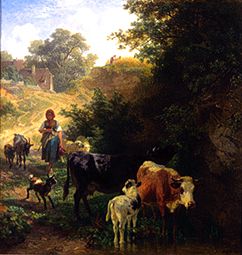 Hirtin with herd at the watering-place od Johann Friedrich Voltz