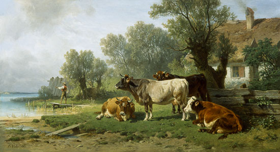 Guardian boy with cows on the sea shore od Johann Friedrich Voltz