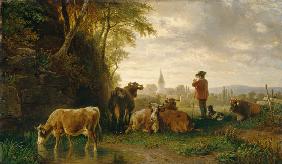 Herdsman and cows, in the distance a village