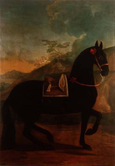 A Black Horse sporting a Spanish Saddle od Johann Georg Hamilton