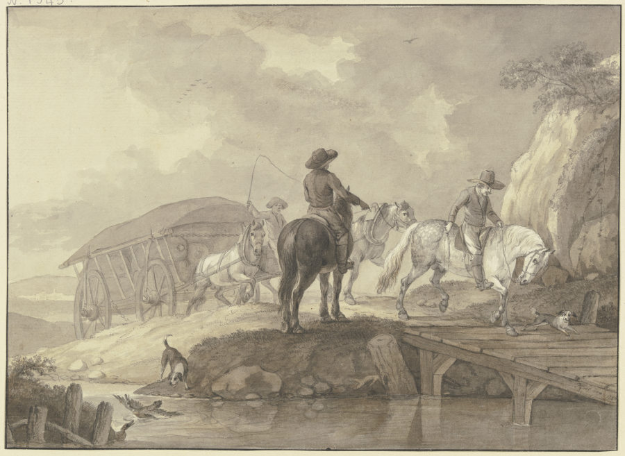Ein mit Säcken beladener Lastwagen, begleitet von zwei Reitern und zwei Hunden, fährt über eine Brüc od Johann Georg Pforr
