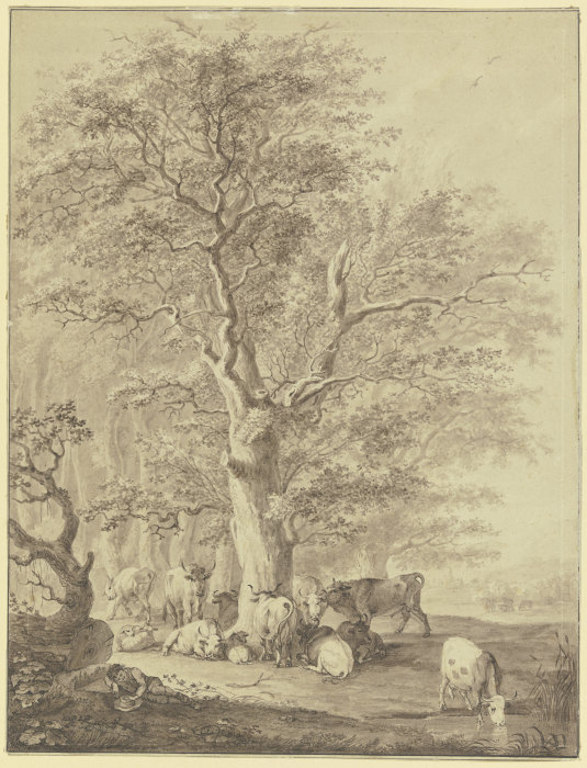 Rinderherde mit zwei Schafen und dem Hirten unter einer Eiche rastend od Johann Georg Pforr