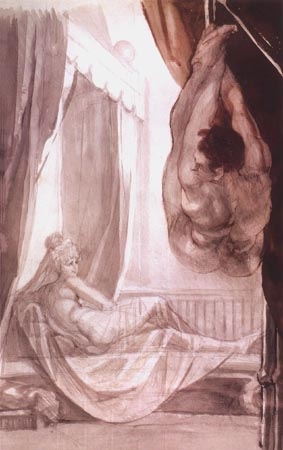 Brunhilde watches Gunther hung up on the blanket tied up by her od Johann Heinrich Füssli