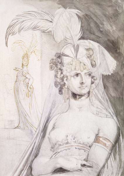Half Figure of a Courtesan with Feathers, a Bow and a Veil in her Hair, 1800-10 (pencil, w/c and od Johann Heinrich Füssli