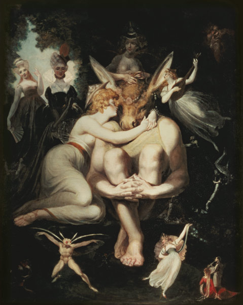 Titania Awakes, Surrounded by Attendant Fairies, clinging rapturously to Bottom, still wearing the A od Johann Heinrich Füssli