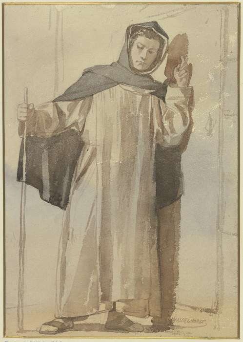 Mönch an einer Türe klopfend od Johann Heinrich Hasselhorst