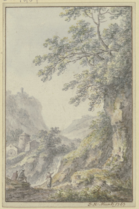 Blick in eine Berglandschaft mit einer Burg, im Vordergrund ein Hohlweg mit drei Figuren od Johann Heinrich Müntz