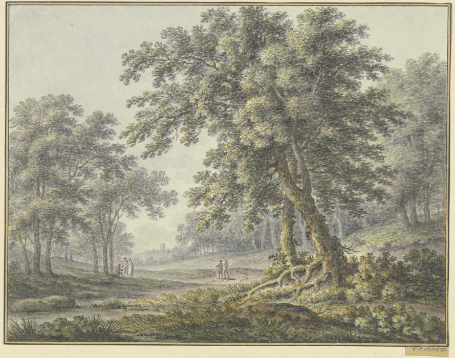 Waldpartie mit zwei Figurengruppen od Johann Heinrich Müntz