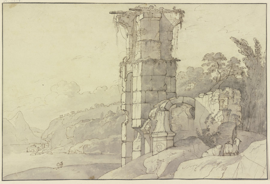 Antike Ruine an einem Bergsee, vorne rechts zwei Schafe od Johann Heinrich Roos