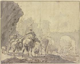 Eine Herde zieht durch Wasser unter einem Brückenbogen durch, gefolgt von einer Hirtin zu Pferde, ei