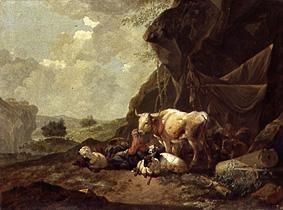 Shepherds and herds under rocks od Johann Heinrich Roos