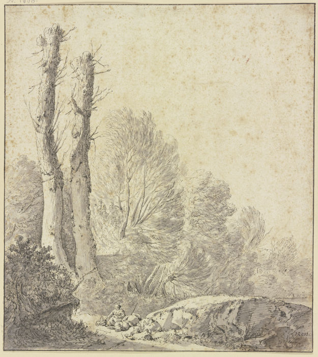 Waldpartie mit zwei kahlen Bäumen, im Vordergrund am Wege ruhendes Paar od Johann Heinrich Roos