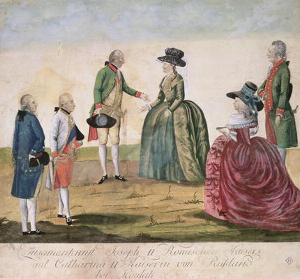 Meeting between Joseph II of Germany (1741-90) and Empress Catherine the Great (1729-96) at Koidak, od Johann Hieronymus Loeschenkohl