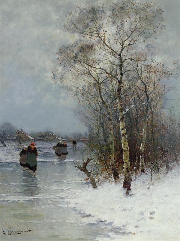 Girls Walking on a Frozen River od Johann II Jungblut