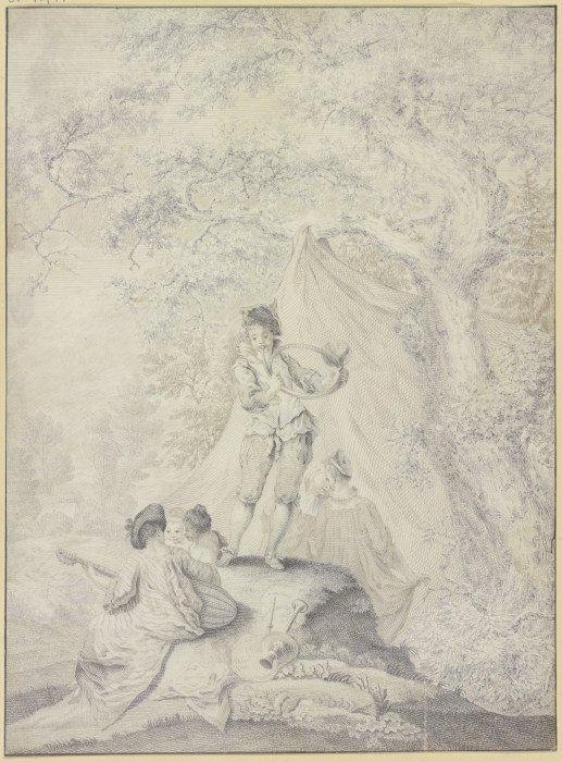 Ruhendes Paar unter einem Zelt an einem Eichenbaum, links eine Lautenspielerin mit zwei jungen Fraue od Johann Jacob Ebersbach
