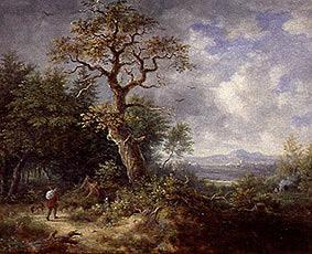 Woodland landscape with hiker and dog. od Johann Jakob Dorner d.J.