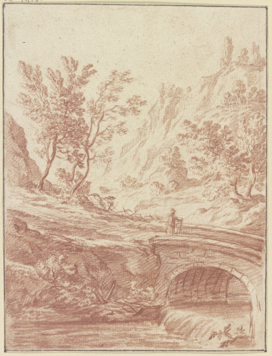 Baumbestandenes Tal, im Vordergrund ein Bach, über den eine Brücke führt od Johann Ludwig Ernst Morgenstern
