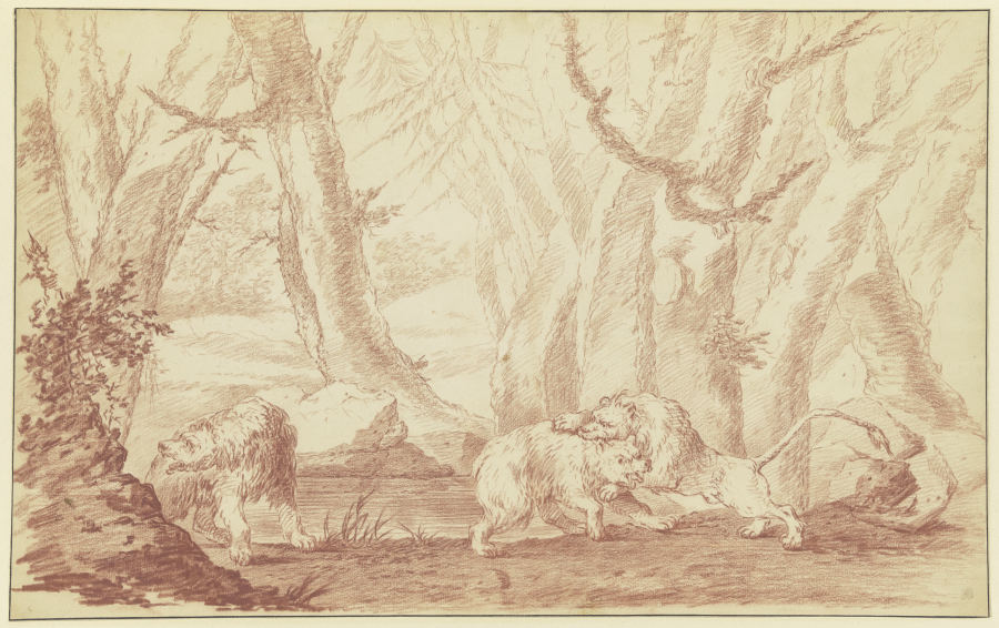 Zwei Bären, der eine von einem Löwen angegriffen od Johann Ludwig von Pfeiff