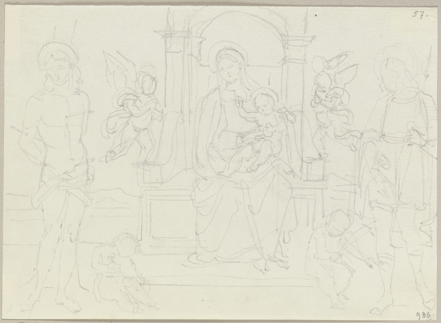 Die thronende Madonna mit Kind zwischen dem heiligen Sebastian sowie einem Lanze tragenden Heiligen  od Johann Ramboux