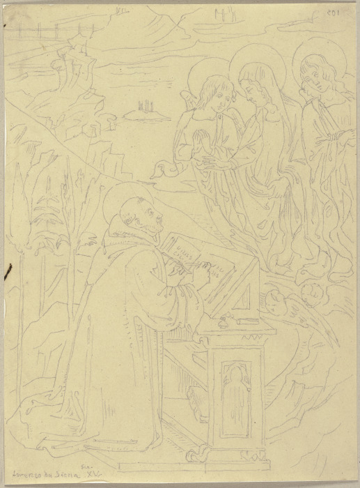 Ein Heiliger am Schreibpult hat eine Vision von der von zwei Engeln begleiteten Maria od Johann Ramboux