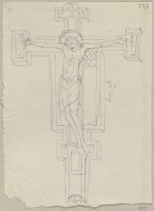 Kruzifix aus Holz, Entwurf desselben im Chor von Santa Chiara zu Assisi od Johann Ramboux