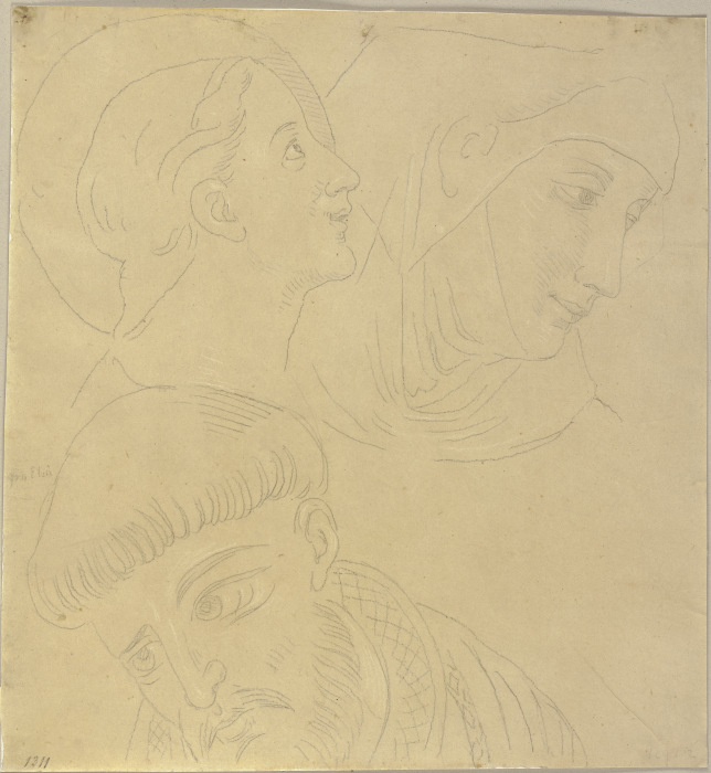 Unten links der Kopf des heiligen Franz von Assisi in S. Francesco zu Assisi, oben zwei weitere Köpf od Johann Ramboux