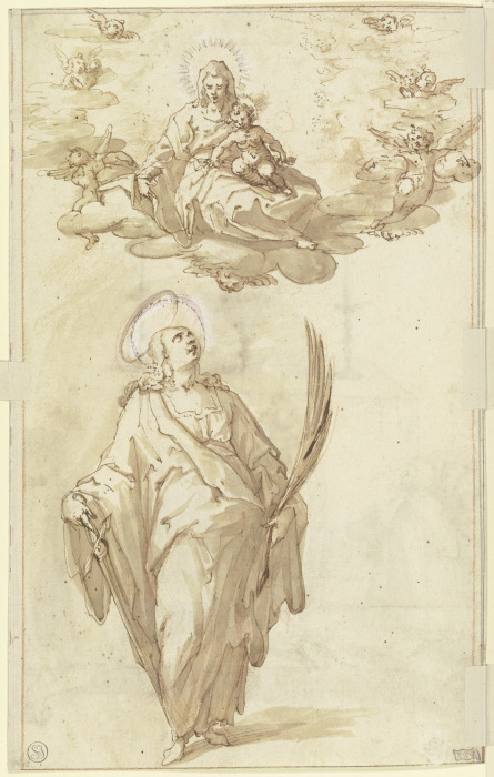Die Heilige Katharina mit der Palme und dem Schwert, oben in den Wolken Maria mit dem Jesuskind und  od Johann Rottenhammer