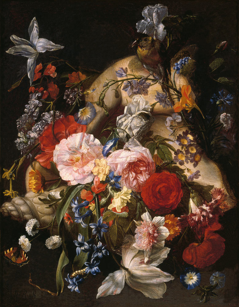 Stillleben mit Blumen in einer exotischen Muschel od Johann Rudolf Byss