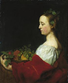 Woman Holding a Basket of Fruit