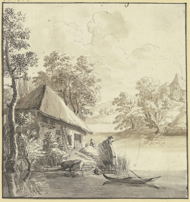 Bauernhaus am Wasser, davor ein Angler od Johann Ulrich Schellenberg
