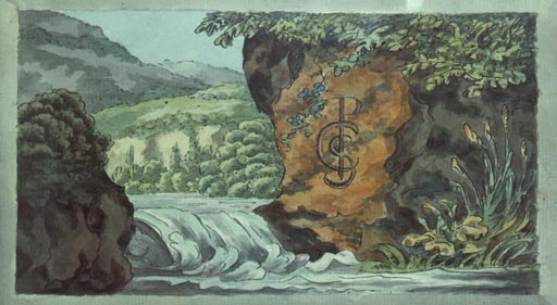 Berglandschaft mit Stromschnelle und Initialen der Empfaengerin des Stammbuches od Johann Wolfgang von Goethe