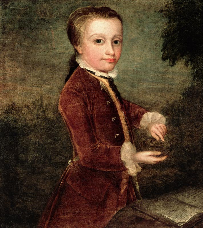 Portrait of Wolfgang Amadeus Mozart (1756-91) aged eight, holding a bird's nest od Johann Zoffany