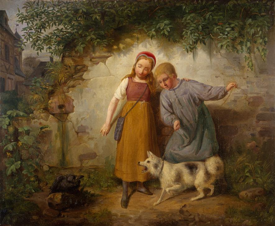 Zwei Kinder mit einem Spitz od Johann Baptist Zwecker