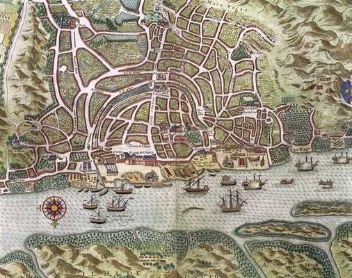 Map of the City and Portuguese Port of Goa, India, detail of port and merchant shipping, 1595 (engra od Johannes Baptista van, the Younger Doetechum