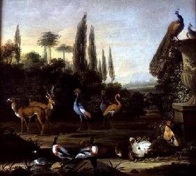 A Park Landscape with Deer and Exotic Birds