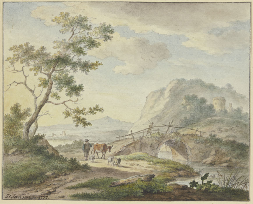 Über eine steinerne Brücke geht ein Mann, auf dem Weg ein Bauer mit einer Kuh und Schafen od Johannes Christiaan Janson